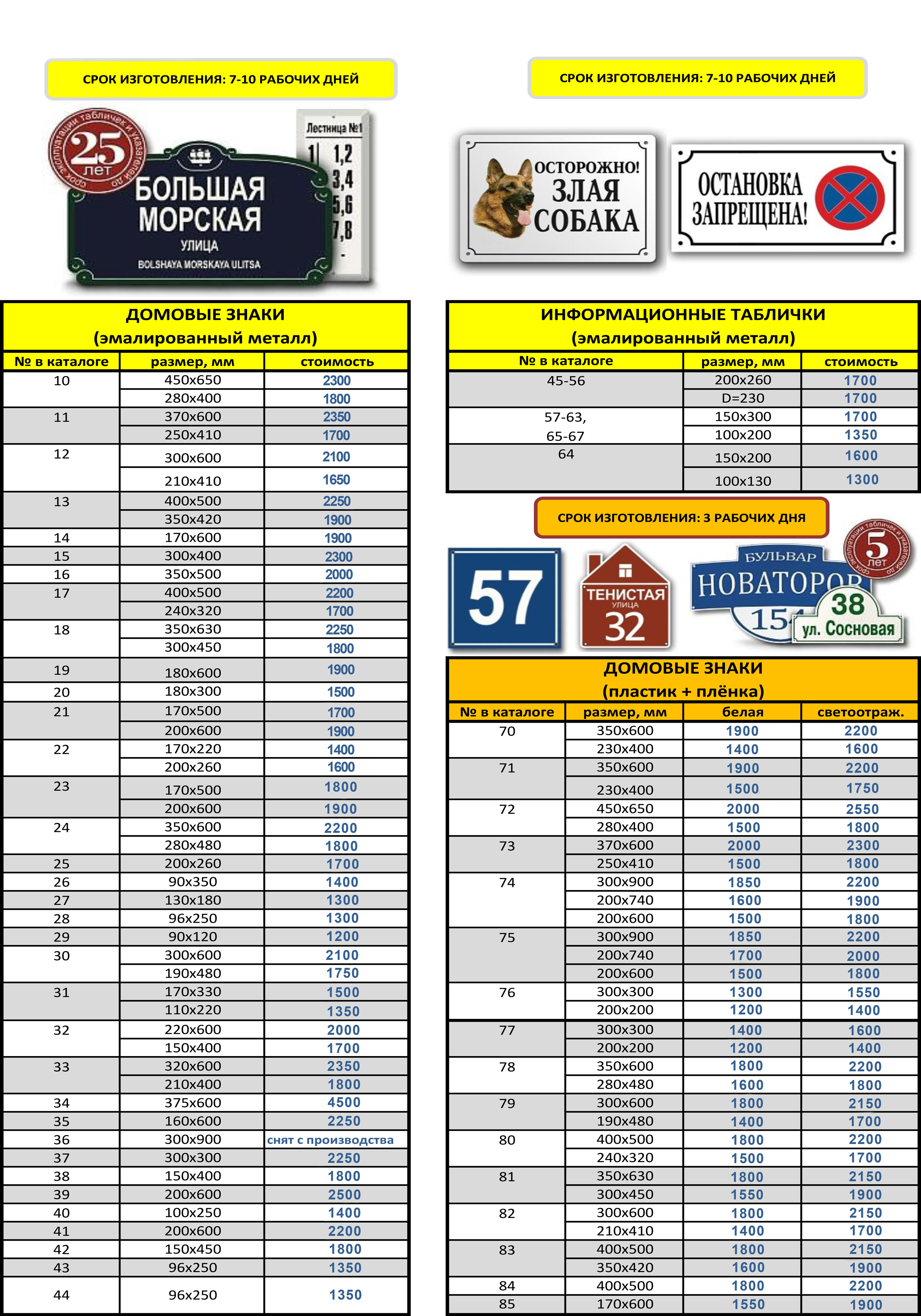 Цены на домовые знаки и таблички 1